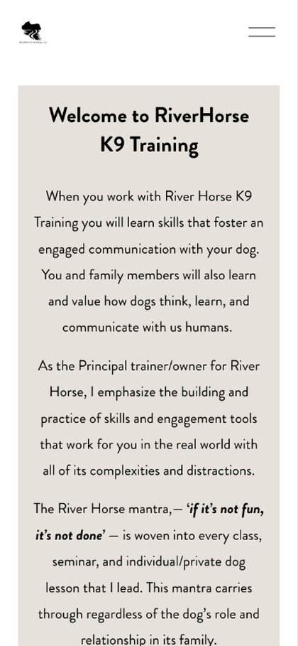 RiverHorse K9 Training website on mobile