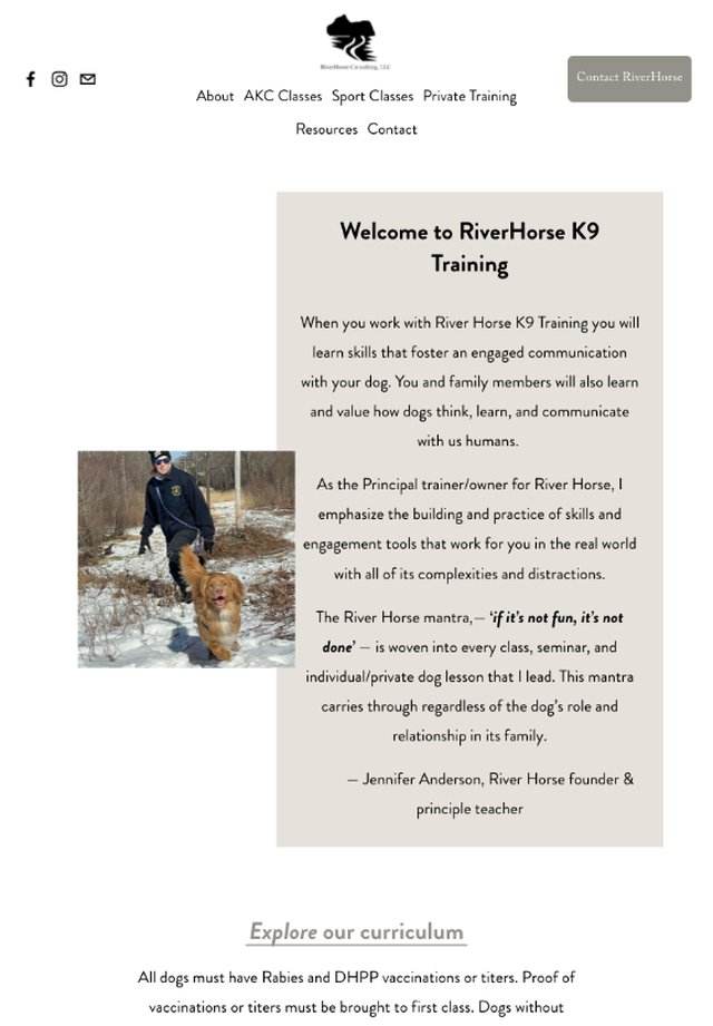 RiverHorse K9 Training website on tablet